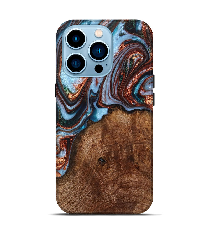 iPhone 14 Pro Wood+Resin Live Edge Phone Case - Lucille (Teal & Gold, 716123)