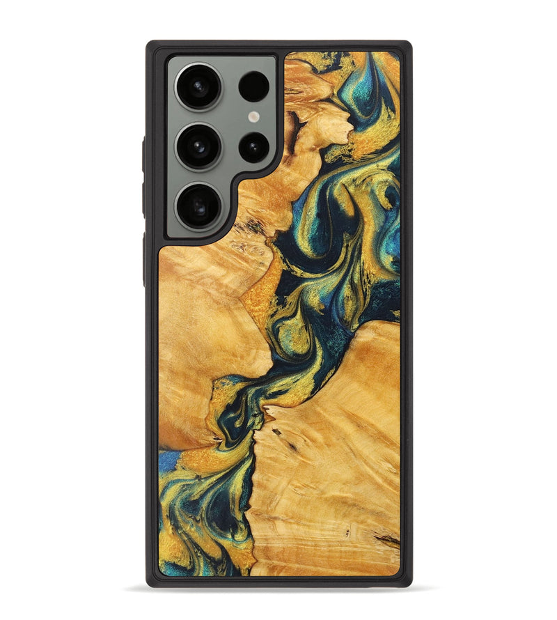 Galaxy S23 Ultra Wood+Resin Phone Case - Angelica (Teal & Gold, 716235)