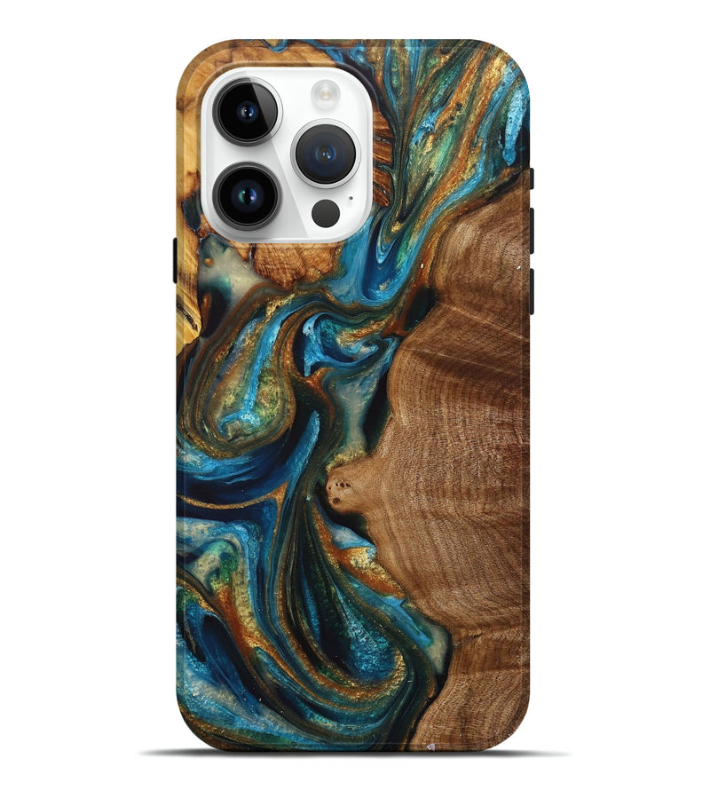 iPhone 15 Pro Max Wood+Resin Live Edge Phone Case - Kaitlyn (Teal & Gold, 716425)