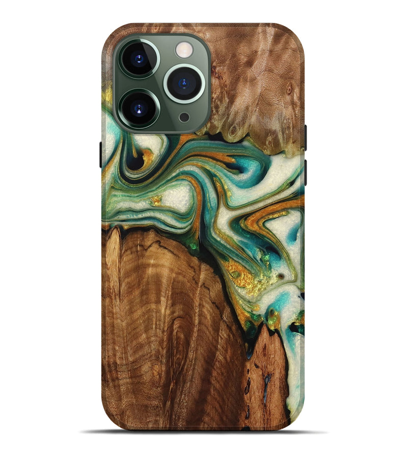 iPhone 13 Pro Max Wood+Resin Live Edge Phone Case - Adrienne (Teal & Gold, 716477)