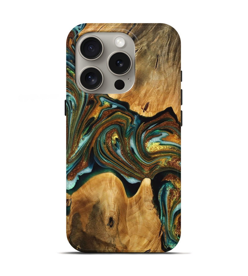 iPhone 16 Pro Wood+Resin Live Edge Phone Case - Kyra (Teal & Gold, 716488)