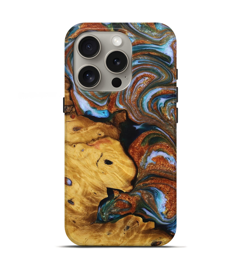 iPhone 16 Pro Wood+Resin Live Edge Phone Case - Troy (Teal & Gold, 716490)