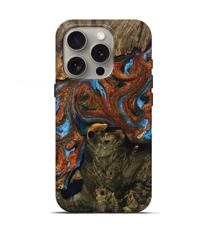 iPhone 16 Pro Wood+Resin Live Edge Phone Case - Jaclyn (Teal & Gold, 716492)