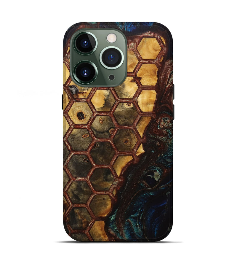 iPhone 13 Pro Wood+Resin Live Edge Phone Case - Yvette (Teal & Gold, 716629)