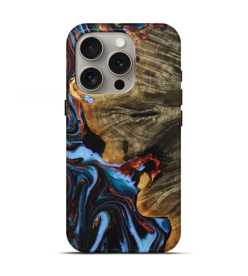 iPhone 16 Pro Wood+Resin Live Edge Phone Case - Arturo (Teal & Gold, 716752)