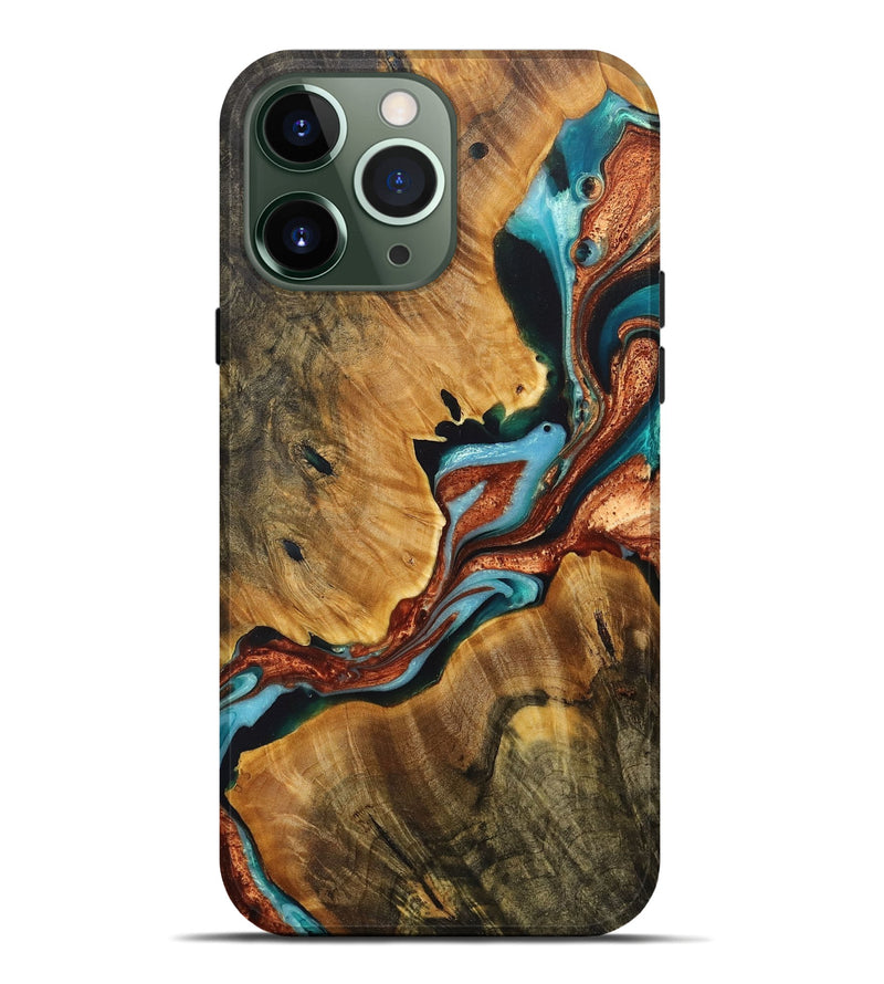 iPhone 13 Pro Max Wood+Resin Live Edge Phone Case - Lynn (Teal & Gold, 716900)