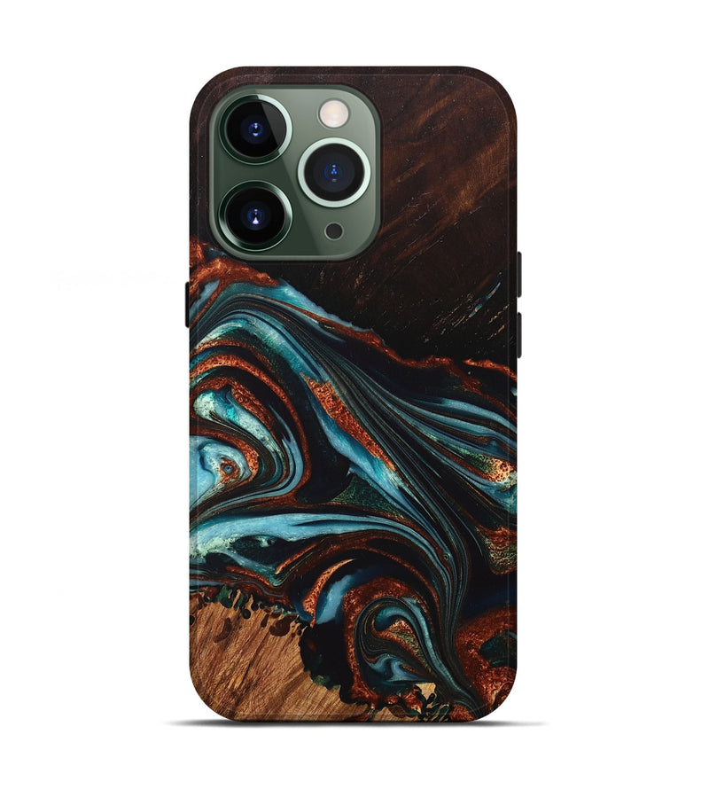 iPhone 13 Pro Wood+Resin Live Edge Phone Case - Bernadette (Teal & Gold, 716901)
