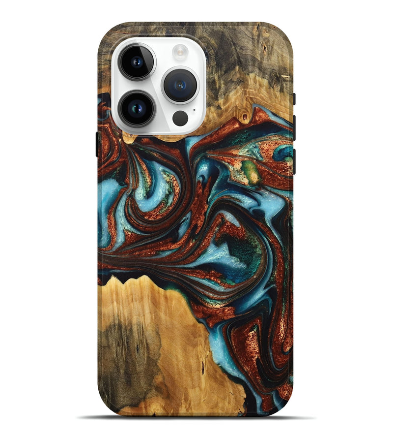iPhone 15 Pro Max Wood+Resin Live Edge Phone Case - Alexandra (Teal & Gold, 716902)
