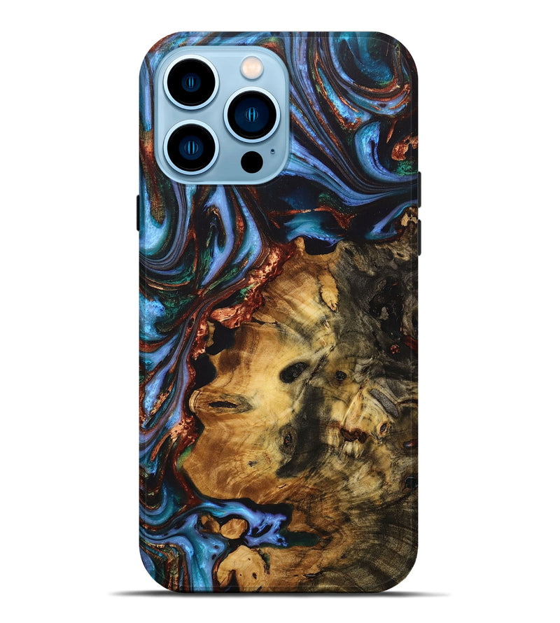 iPhone 14 Pro Max Wood+Resin Live Edge Phone Case - Lexi (Teal & Gold, 716903)