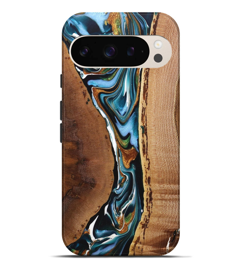 Pixel 9 Pro XL Wood+Resin Live Edge Phone Case - Michele (Teal & Gold, 717043)