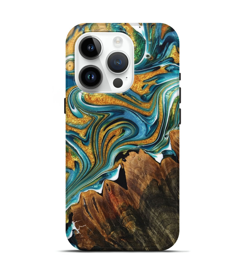 iPhone 15 Pro Wood+Resin Live Edge Phone Case - Amari (Teal & Gold, 717044)