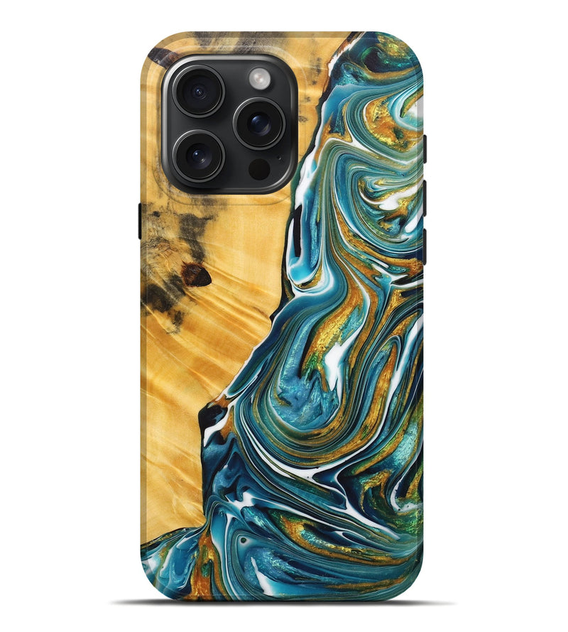 iPhone 16 Pro Max Wood+Resin Live Edge Phone Case - Gia (Teal & Gold, 717048)