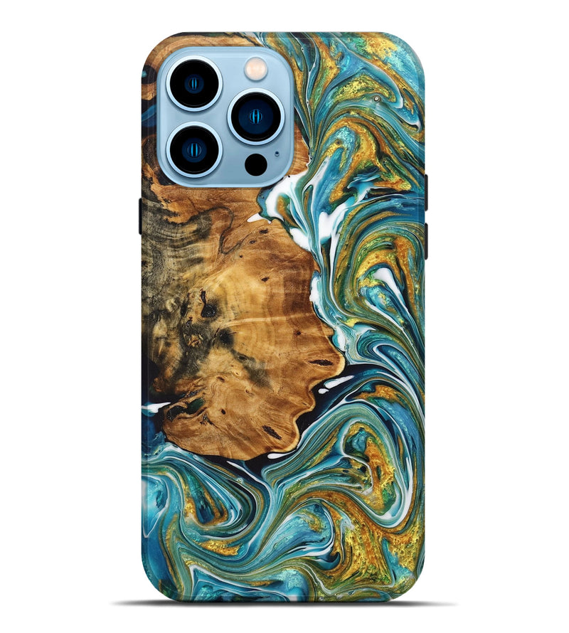 iPhone 14 Pro Max Wood+Resin Live Edge Phone Case - Beatrice (Teal & Gold, 717049)