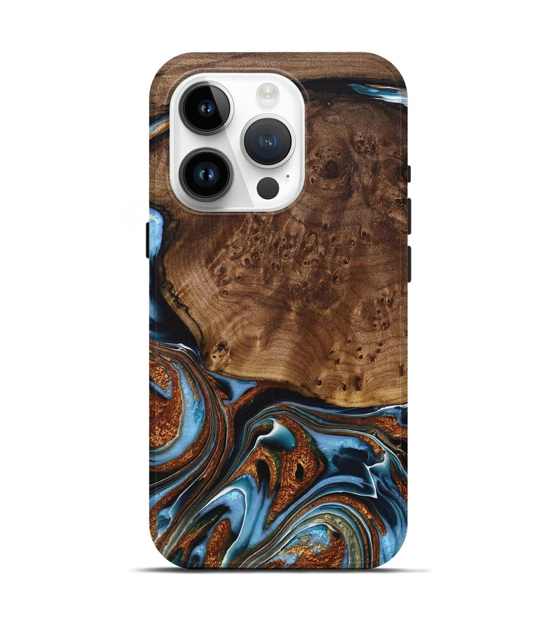 iPhone 15 Pro Wood+Resin Live Edge Phone Case - Silas (Teal & Gold, 717052)