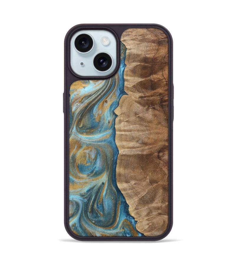 iPhone 15 Wood+Resin Phone Case - Leilani (Teal & Gold, 717203)