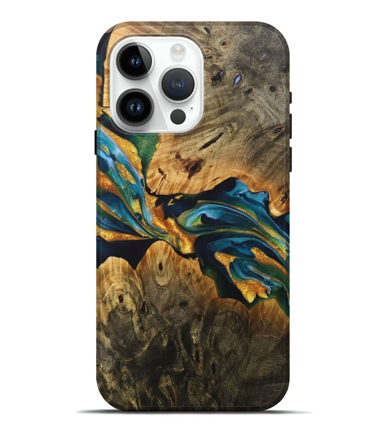 iPhone 15 Pro Max Wood+Resin Live Edge Phone Case - Jace (Teal & Gold, 717467)