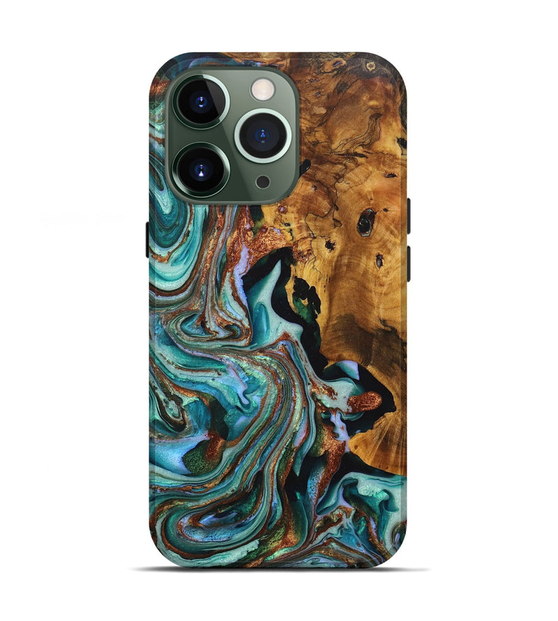 iPhone 13 Pro Wood+Resin Live Edge Phone Case - Knox (Teal & Gold, 717468)