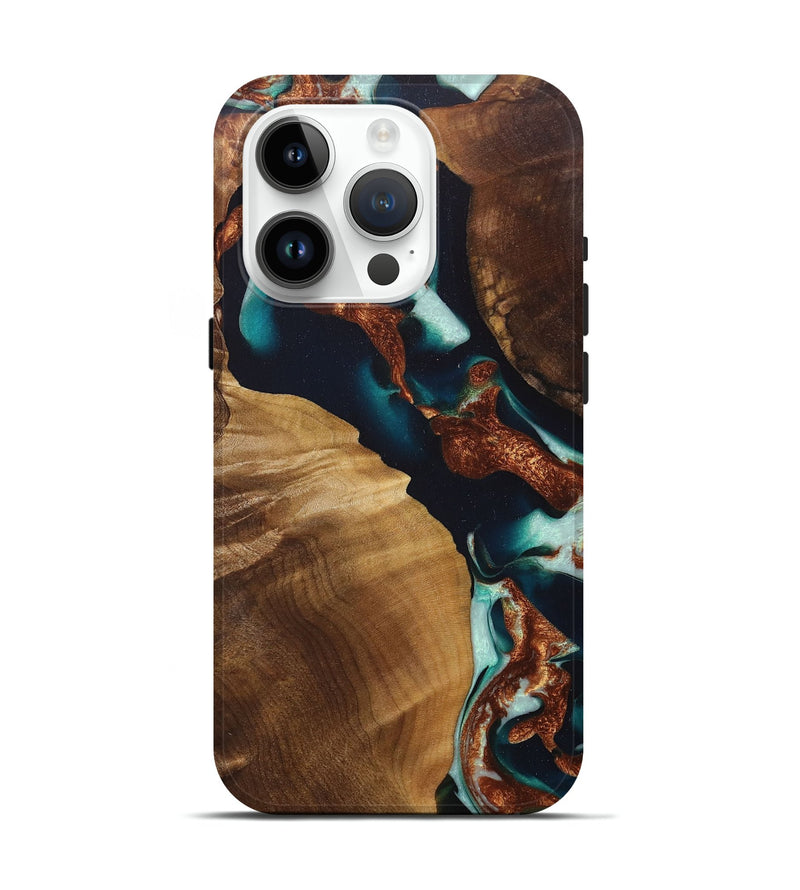 iPhone 15 Pro Wood+Resin Live Edge Phone Case - Marquis (Teal & Gold, 717470)