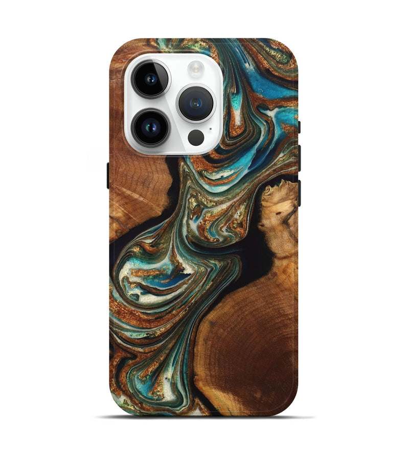 iPhone 15 Pro Wood+Resin Live Edge Phone Case - Ayanna (Teal & Gold, 717924)