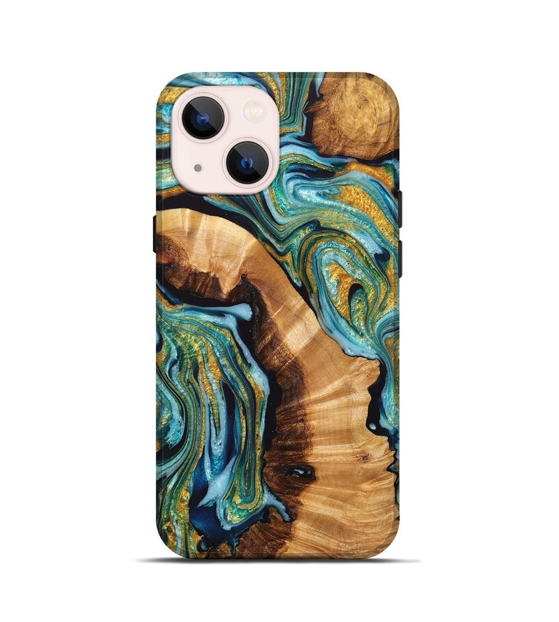 iPhone 13 mini Wood+Resin Live Edge Phone Case - Makenzie (Teal & Gold, 717928)