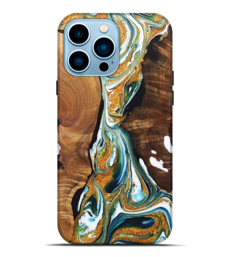 iPhone 14 Pro Max Wood+Resin Live Edge Phone Case - Madisyn (Teal & Gold, 717931)