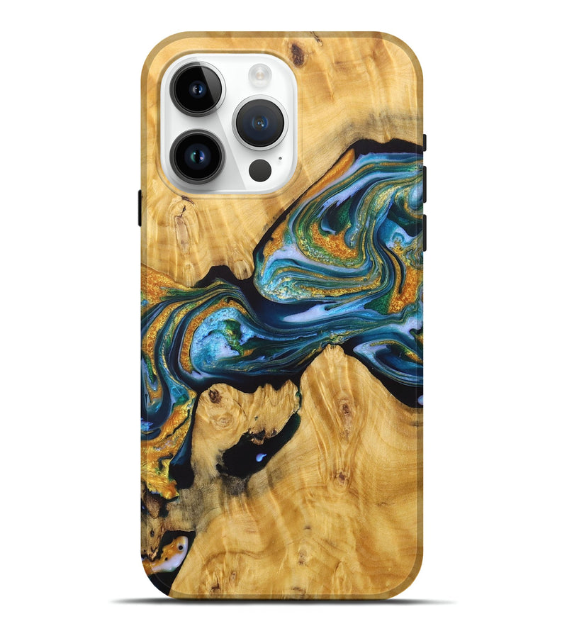 iPhone 15 Pro Max Wood+Resin Live Edge Phone Case - Jim (Teal & Gold, 717936)