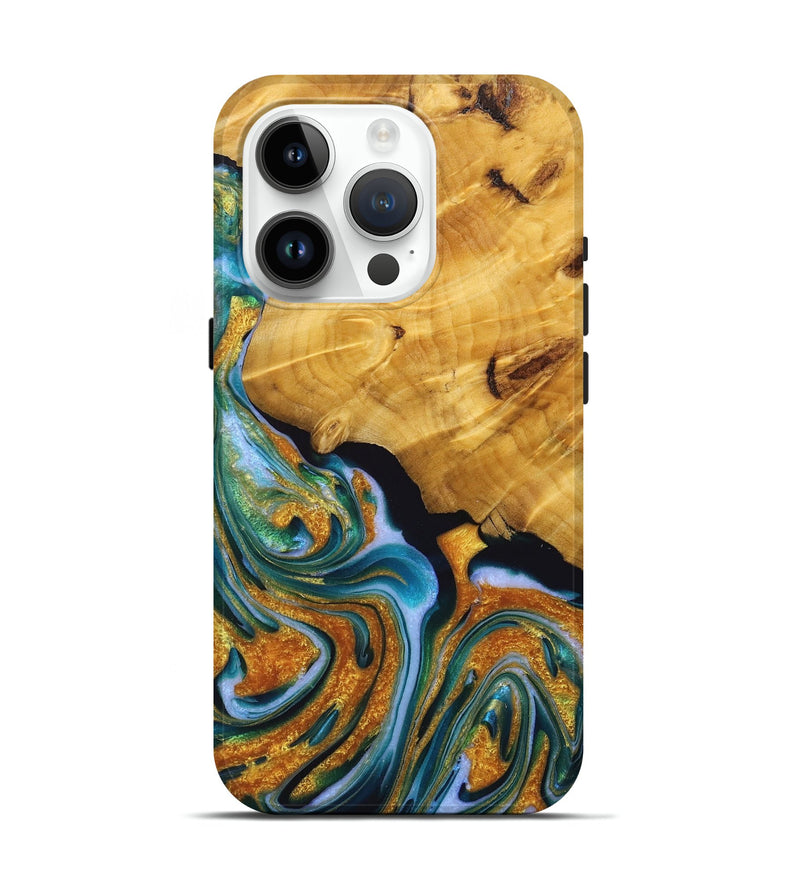 iPhone 15 Pro Wood+Resin Live Edge Phone Case - Aiden (Teal & Gold, 717938)