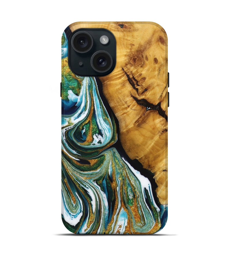 iPhone 15 Wood+Resin Live Edge Phone Case - Wayne (Teal & Gold, 717948)