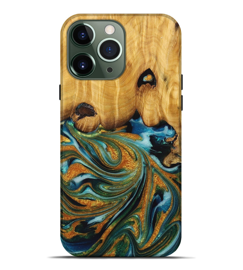 iPhone 13 Pro Max Wood+Resin Live Edge Phone Case - Olivia (Teal & Gold, 717949)