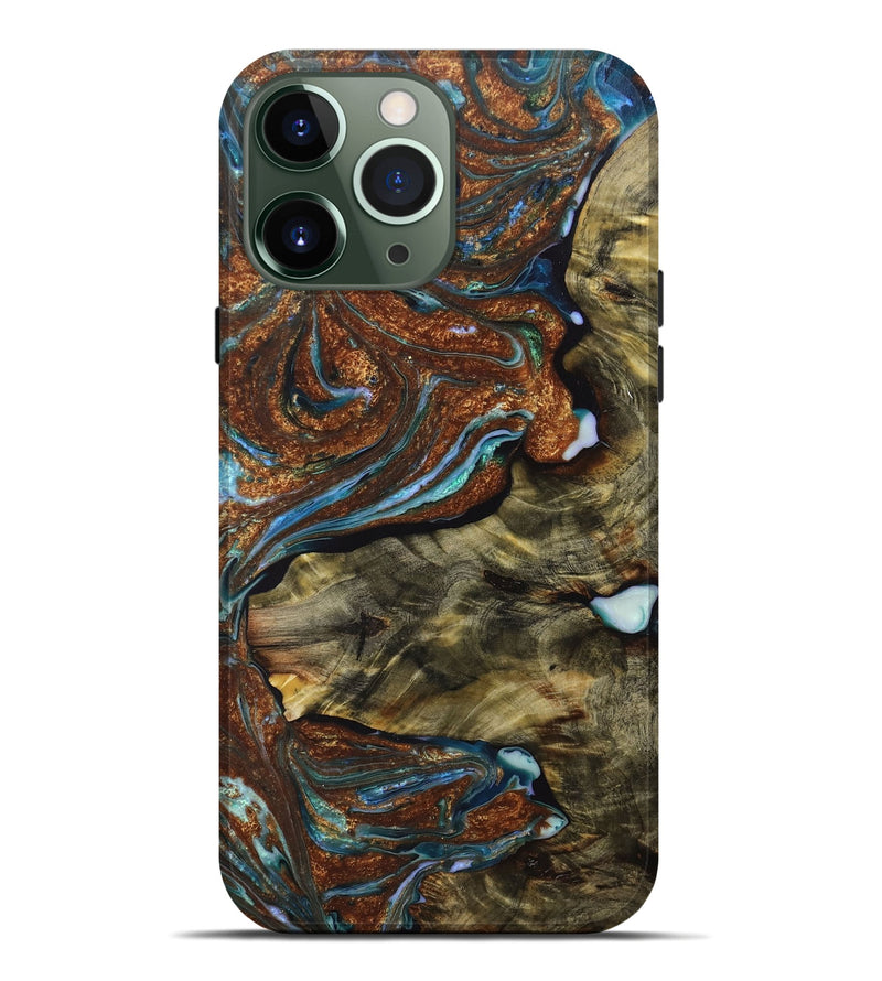 iPhone 13 Pro Max Wood+Resin Live Edge Phone Case - Lisa (Teal & Gold, 718217)