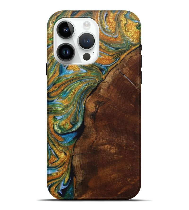 iPhone 15 Pro Max Wood+Resin Live Edge Phone Case - Arlene (Teal & Gold, 718218)