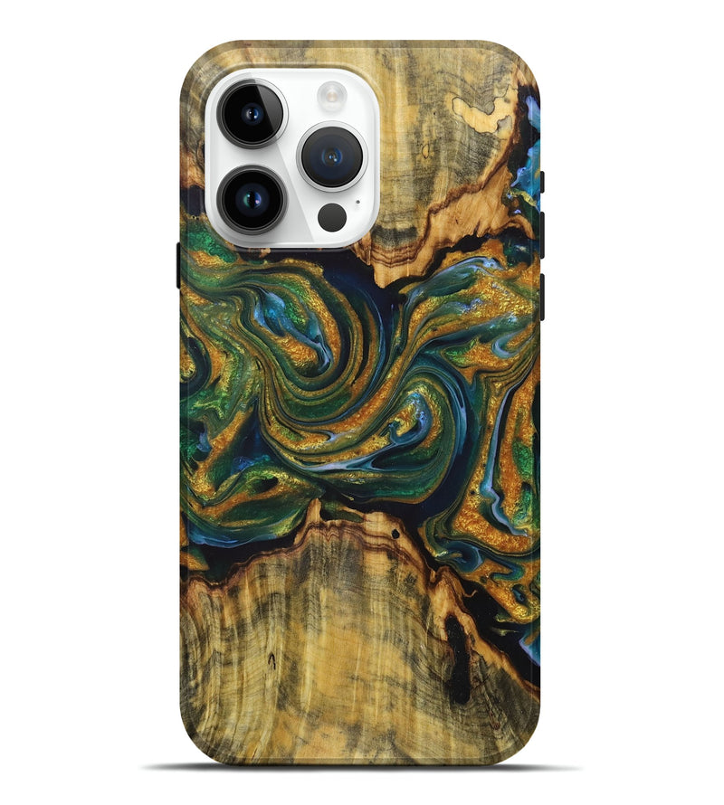 iPhone 15 Pro Max Wood+Resin Live Edge Phone Case - Miguel (Teal & Gold, 718219)