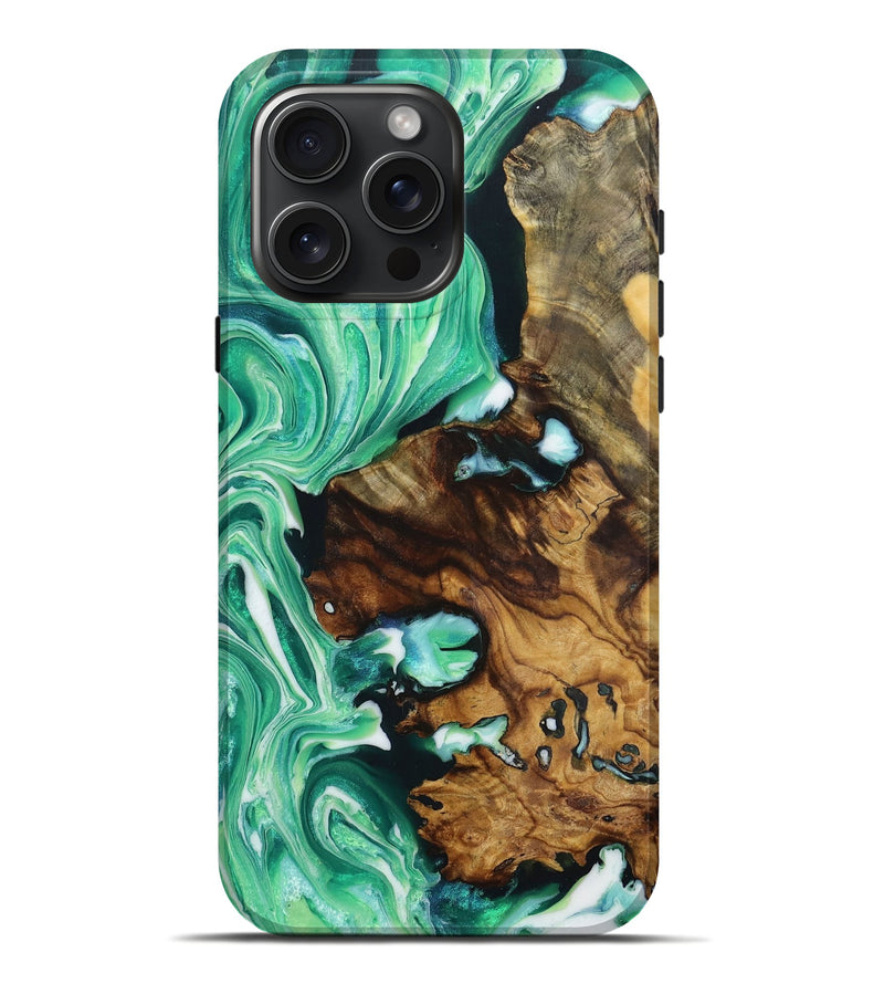 iPhone 16 Pro Max Wood+Resin Live Edge Phone Case - Kara (Green, 718234)