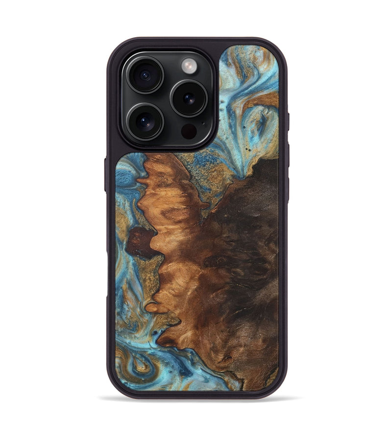 iPhone 16 Pro Wood+Resin Phone Case - Elise (Teal & Gold, 718729)