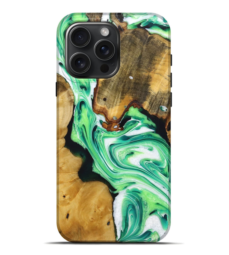 iPhone 16 Pro Max Wood+Resin Live Edge Phone Case - Emily (Green, 719815)