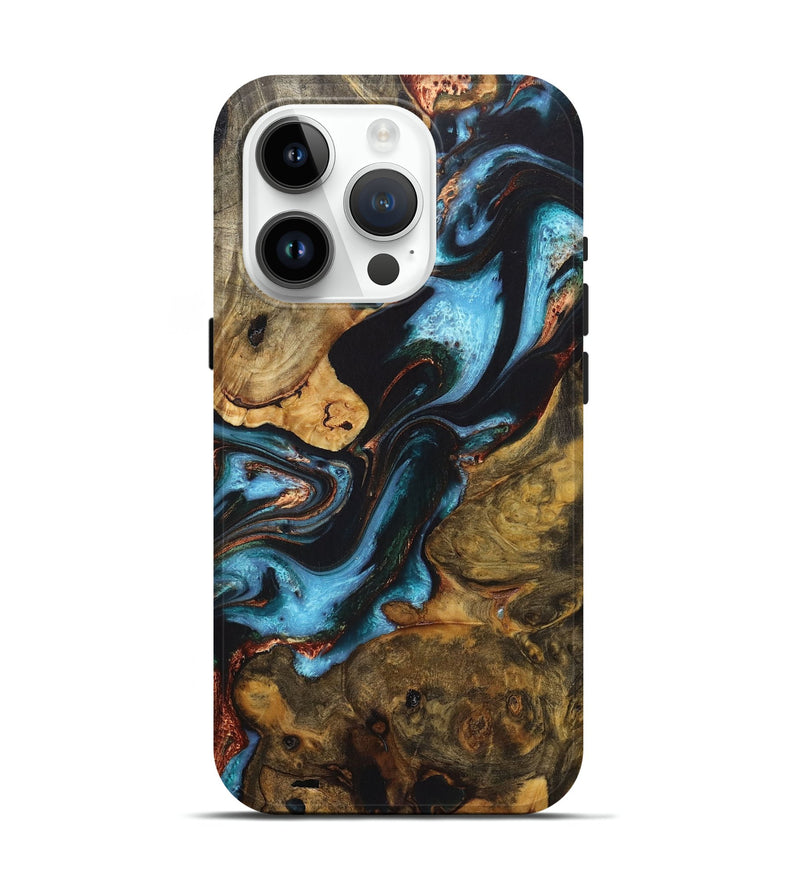 iPhone 15 Pro Wood+Resin Live Edge Phone Case - Troy (Teal & Gold, 719838)