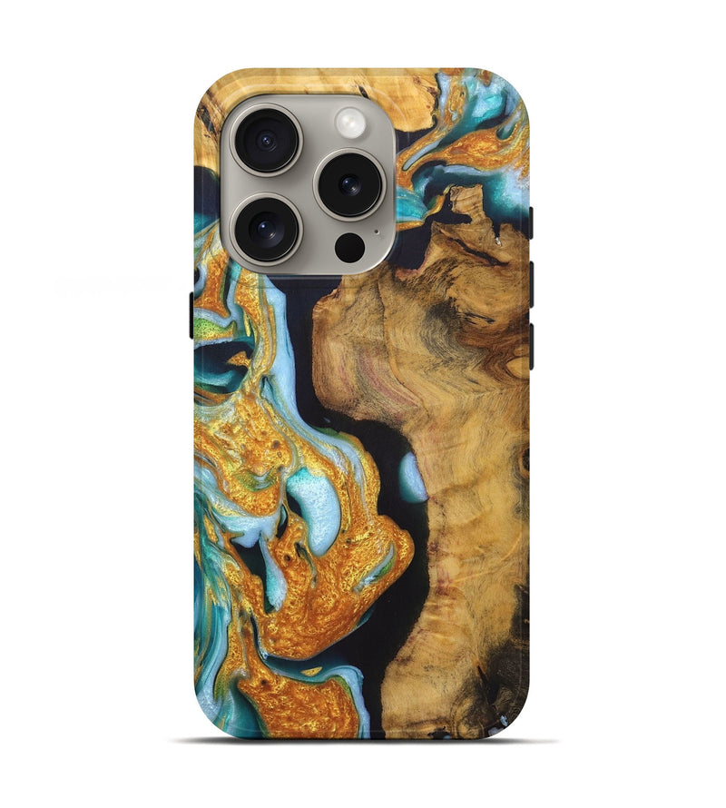 iPhone 16 Pro Wood+Resin Live Edge Phone Case - Ian (Teal & Gold, 719839)