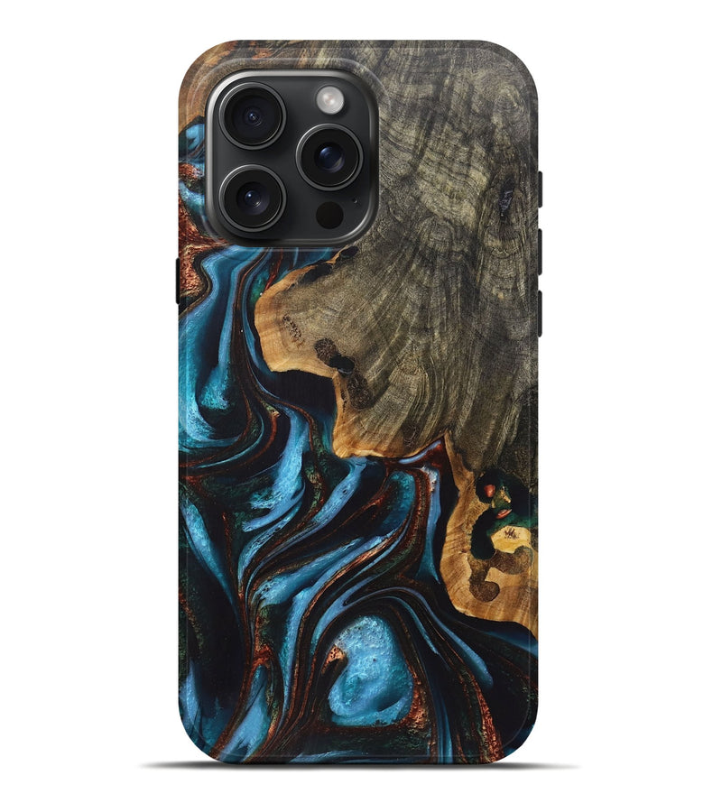 iPhone 16 Pro Max Wood+Resin Live Edge Phone Case - June (Teal & Gold, 719840)