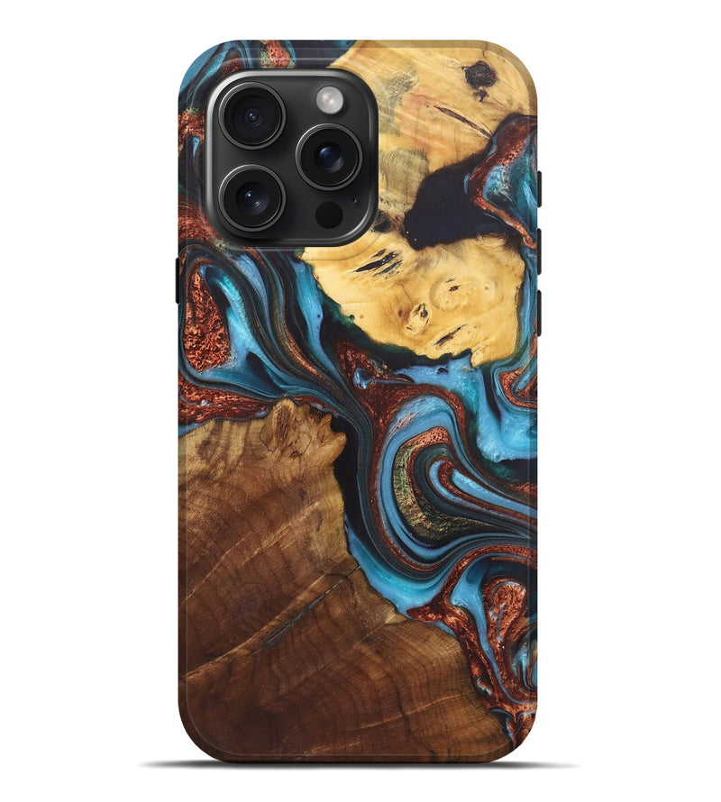 iPhone 16 Pro Max Wood+Resin Live Edge Phone Case - Patty (Teal & Gold, 719841)