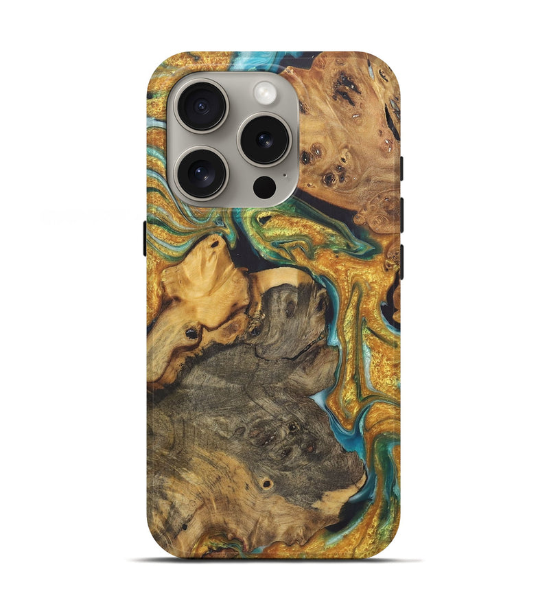 iPhone 16 Pro Wood+Resin Live Edge Phone Case - Kari (Teal & Gold, 719842)