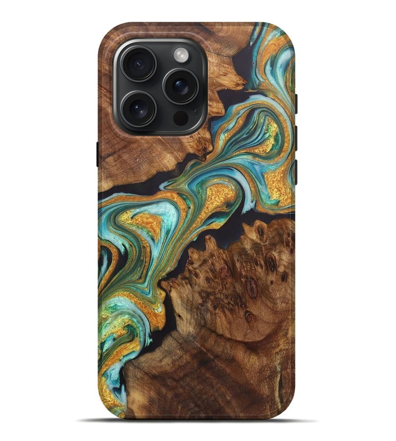 iPhone 16 Pro Max Wood+Resin Live Edge Phone Case - Alexus (Teal & Gold, 719843)