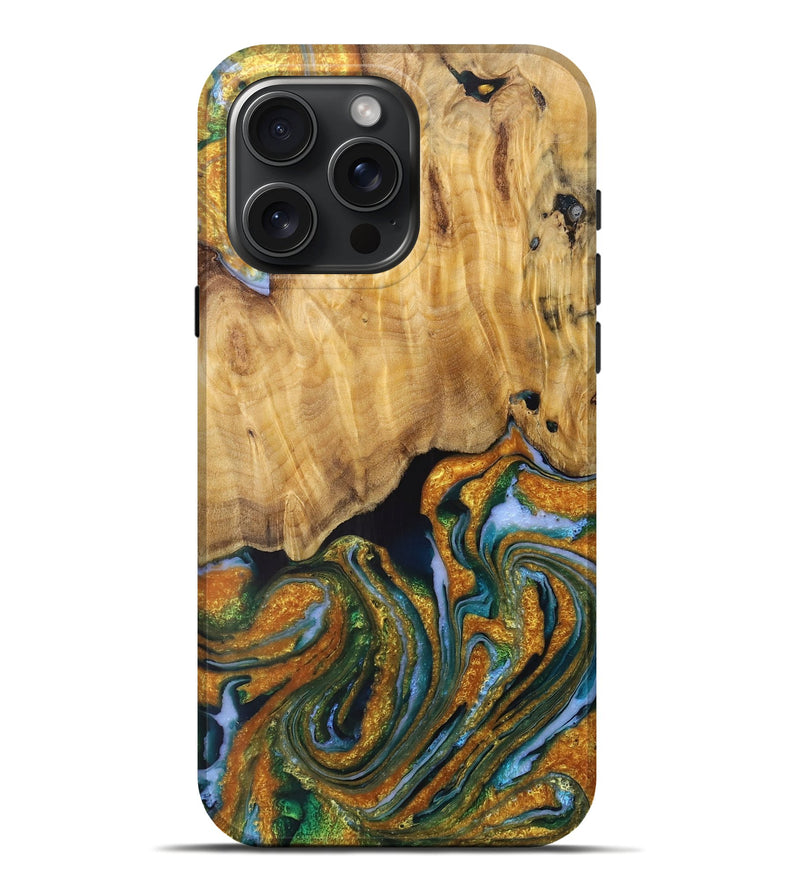 iPhone 16 Pro Max Wood+Resin Live Edge Phone Case - Geneva (Teal & Gold, 719844)