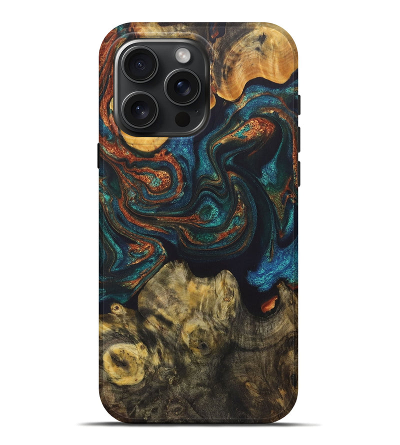 iPhone 16 Pro Max Wood+Resin Live Edge Phone Case - Arlo (Teal & Gold, 719845)
