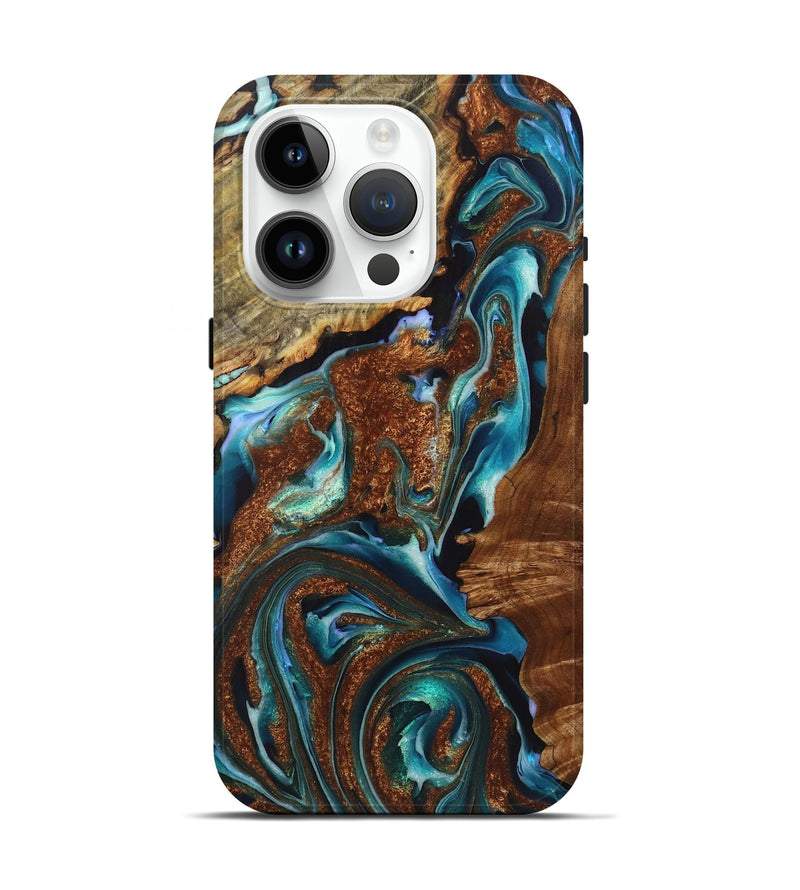 iPhone 15 Pro Wood+Resin Live Edge Phone Case - Elsie (Teal & Gold, 719846)