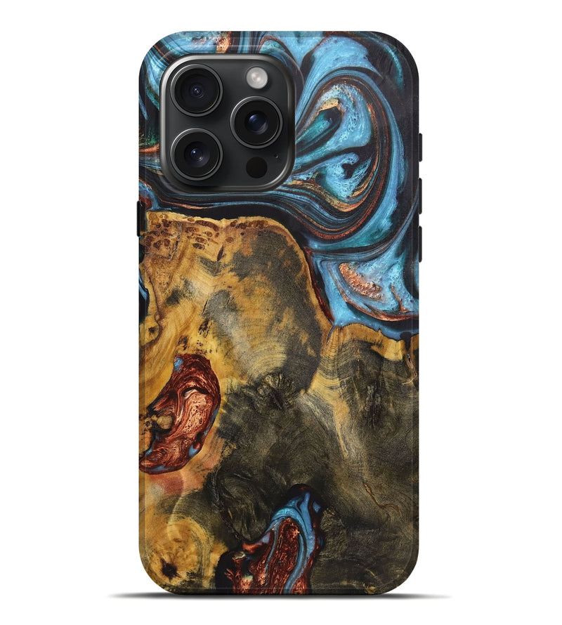 iPhone 16 Pro Max Wood+Resin Live Edge Phone Case - Travis (Teal & Gold, 719847)