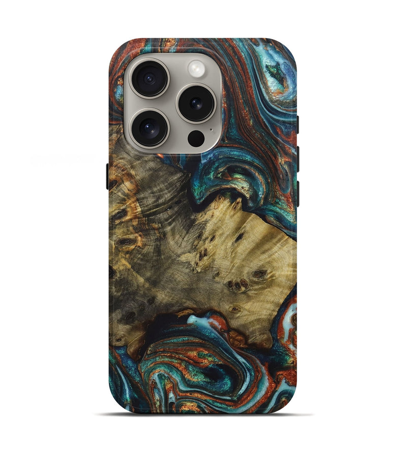 iPhone 16 Pro Wood+Resin Live Edge Phone Case - Marcella (Teal & Gold, 719848)