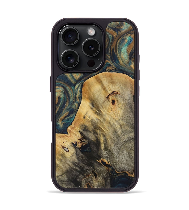 iPhone 16 Pro Wood+Resin Phone Case - Tami (Teal & Gold, 720156)