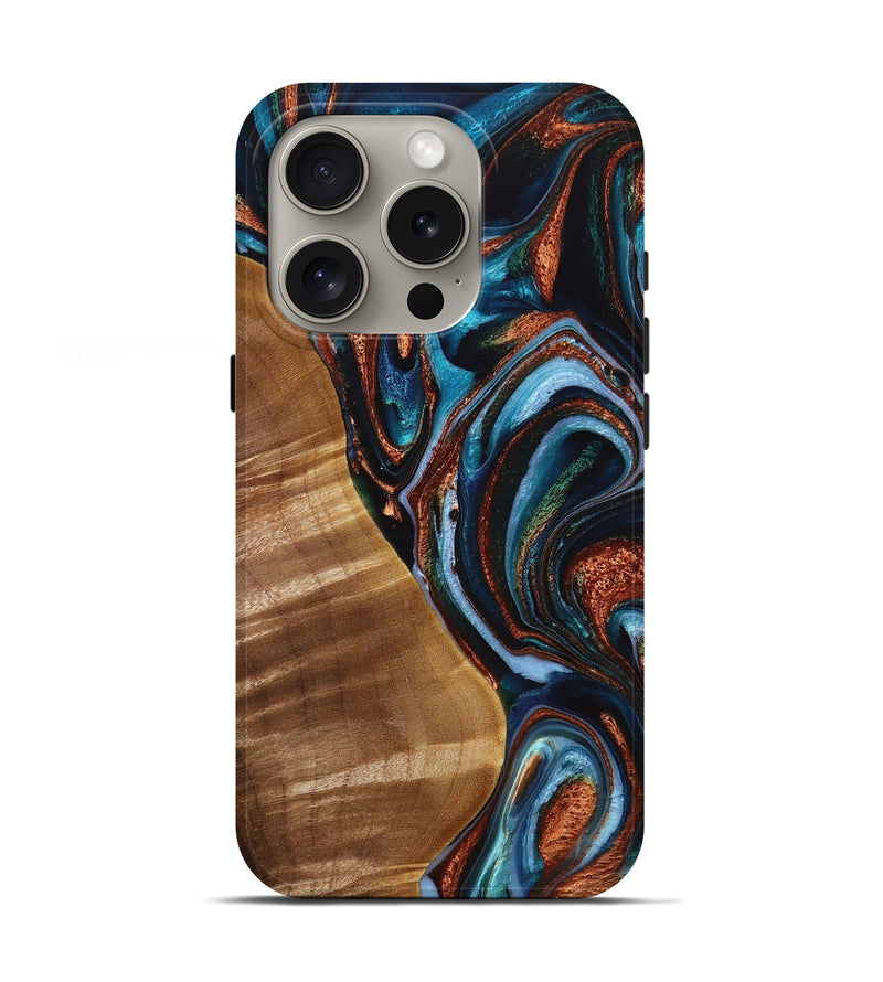 iPhone 16 Pro Wood+Resin Live Edge Phone Case - Braydon (Teal & Gold, 720585)