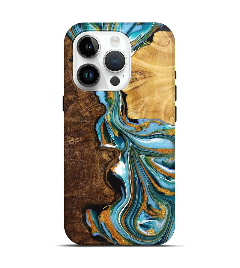 iPhone 15 Pro Wood+Resin Live Edge Phone Case - Jeannine (Teal & Gold, 720752)