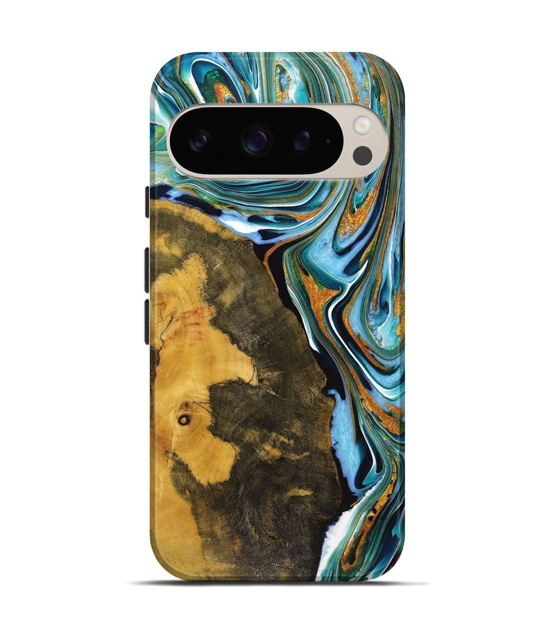 Pixel 9 Pro Wood+Resin Live Edge Phone Case - Cindy (Teal & Gold, 720754)